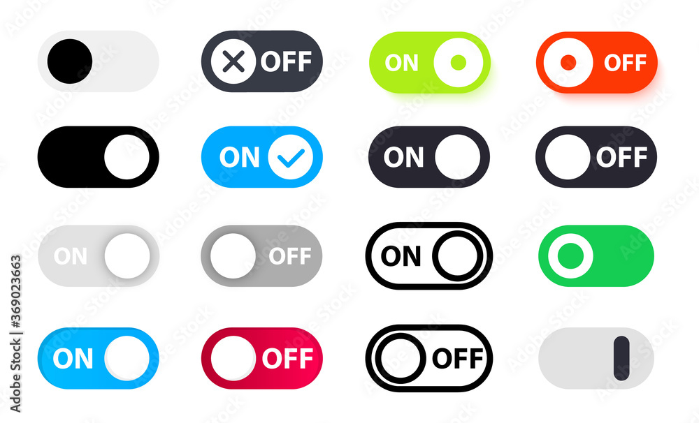 Poster large set of different switches on off. on and off toggle switch button vector format. toggle slide 