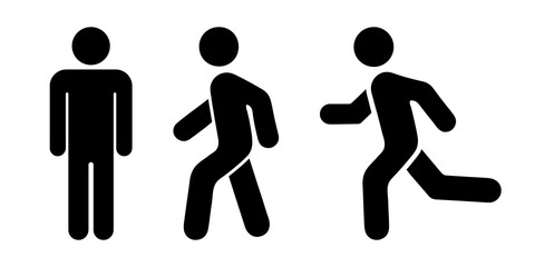 Man stands, walk and run icon set. People symbol. Person standing, walking and running illustration. Run, walk, stand