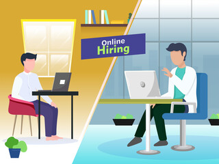 Business Man Having Interview A Job Candidate From Laptop For Online Hiring Concept Based Poster Design.