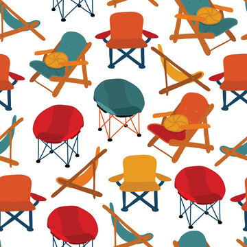 Chairs Seamless Vector Pattern. Repeating Background Camping Picnic Patio Chairs. Different Types Of Chairs