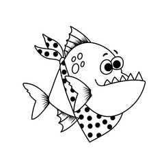 Coloring of Fish with Sharp Teeth Cartoon, Cute Funny Character, Flat Design