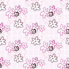 Chamomile figures seamless patern. Pastel pink background with check and multicolor botanic silhouettes.