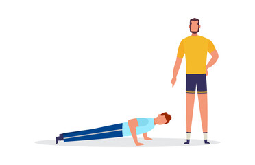 Fitness workout by individual plan with coach flat vector illustration isolated.