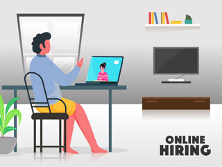 Cartoon Man Interviewing A Job Candidate From Laptop For Online Hiring Concept.