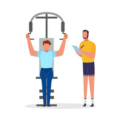 Personal gym workout on weight training equipment, vector illustration isolated.