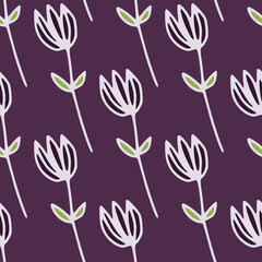 Minimalistic outline tulip flowers seamless pattern with white contour. Dark purple background. Stylized artwork.