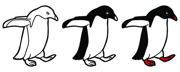 Vector card with group of hand drawn cute penguins. coloring book.  Funny penguin characters, beautiful design elements.