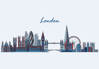 London detailed skyline. London in sketch style. Famous London monuments. Vector illustration - obrazy, fototapety, plakaty