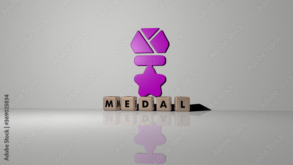Poster 3d graphical image of medal vertically along with text built by metallic cubic letters from the top 