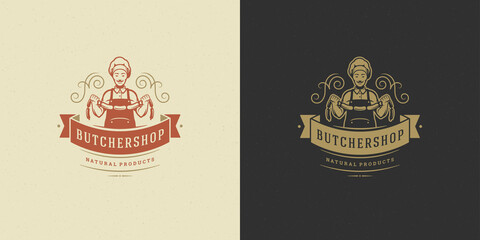 Butcher shop logo vector illustration chef holding sausages silhouette good for restaurant menu badge