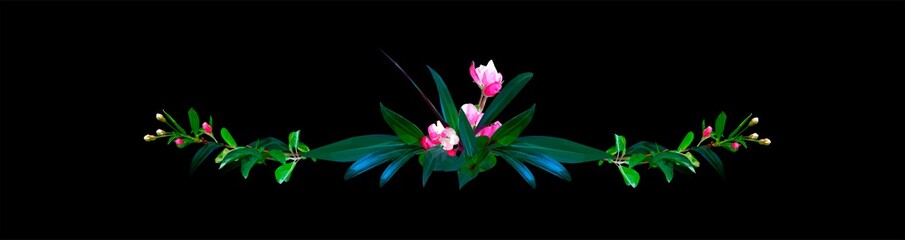 Vector decoration consisting of blossoming flowers, branches, green leaves, buds, wreath, floral and herbs garland. Botanic design ornament concept in low poly style isolated on black