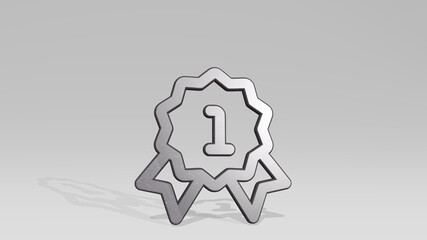 GAMING RIBBON FIRST made by 3D illustration of a shiny metallic sculpture casting shadow on light background. game and computer