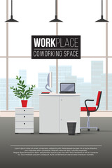 Modern office interior coworking space, workplace in corporate style.  Designer desktop, laptop, chair in flat design. Vector illustration. Working place in modern office interior