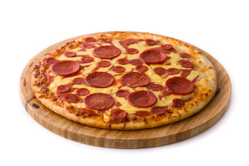 Italian pepperoni pizza on round wooden base isolated on white background