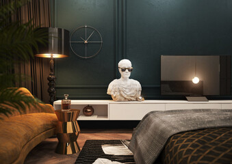 Interior of a modern master bedroom in contrasting natural colors and materials. Bust of Caesar in sunglasses.