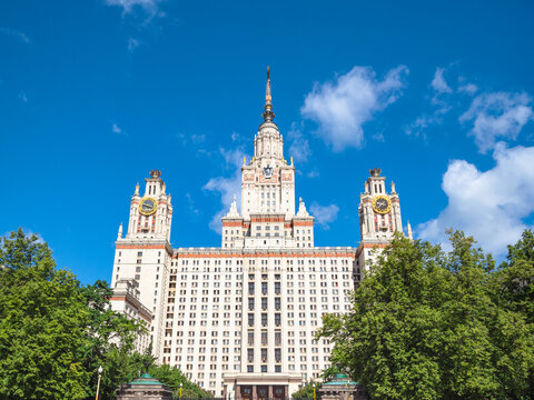 east facade of The Main Building of Moscow State University (Lomonosov State University of Moscow) in sunny summer day