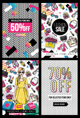 Fashion Sale and special offer concept card for online shopping. Vector illustration of fashion model, makeup accessories for website and mobile, poster, email and banner designs, ads, promo material
