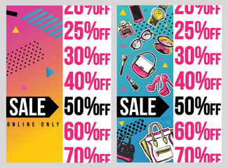 Fashion Sale and special offer banner concept for online shopping. 50% off. Vector fashion illustration for website and mobile, poster, email and newsletter designs, ads, promotional material.