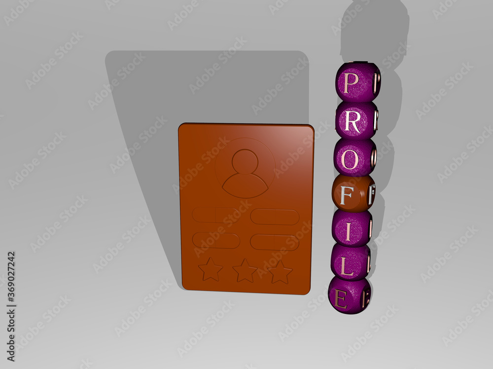 Poster 3d representation of profile with icon on the wall and text arranged by metallic cubic letters on a 