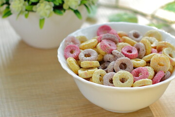 Bowls with different sorts of breakfast cereal products. white bowls with morning meal