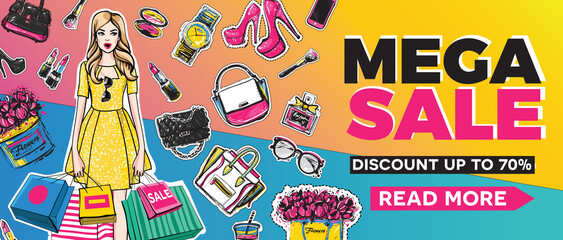 Mega sale web banner. Sale promotion background with happy girl shopper.