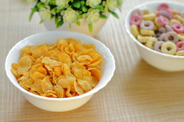 Bowls with different sorts of breakfast cereal products, white bowls with morning meal