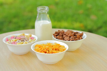 Bowls with different sorts of breakfast cereal products, white bowls with morning meal
