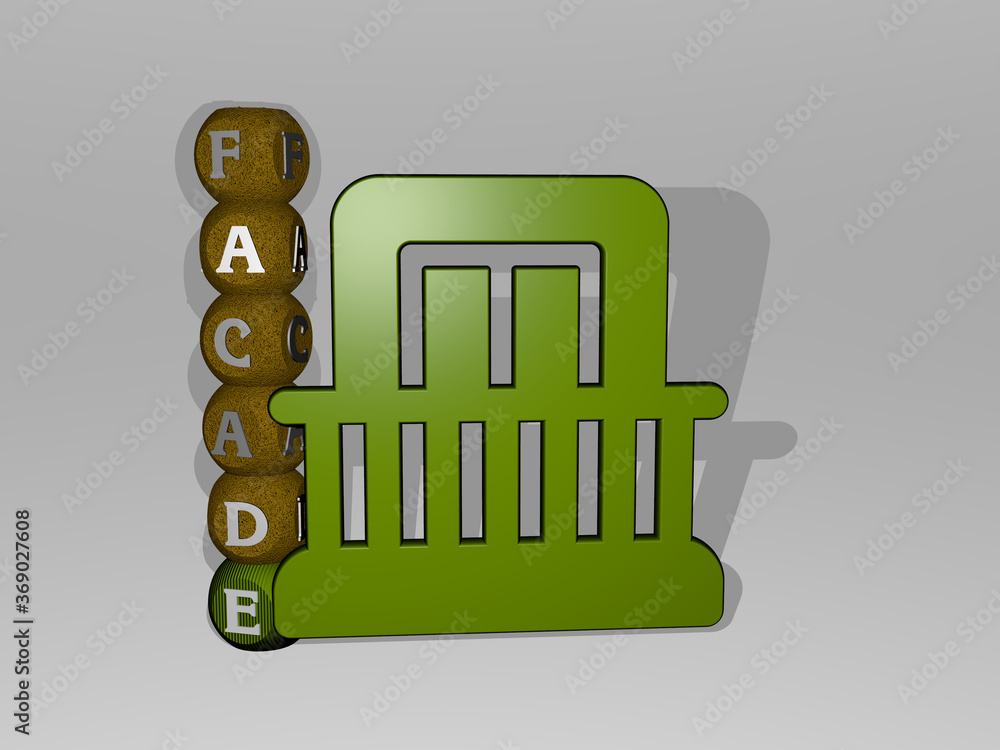 Poster 3d representation of facade with icon on the wall and text arranged by metallic cubic letters on a m