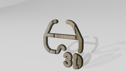 MODERN TV 3D GLASSES made by 3D illustration of a shiny metallic sculpture casting shadow on light background. design and abstract