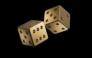 Dices made of gold are flying in the air on a black background. Luxury item. Realistic 3D rendering. CGI Illustration