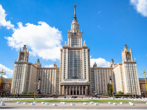 north facade of The Main Building of Moscow University on University Square. The inscription above portal: 1949-1953 Moscow State University named after MV Lomonosov