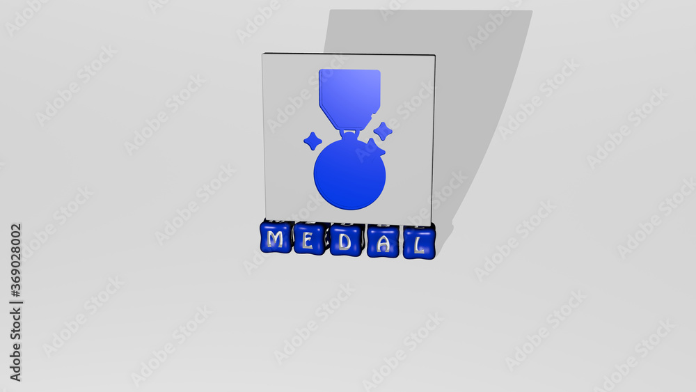 Poster 3d representation of medal with icon on the wall and text arranged by metallic cubic letters on a mi