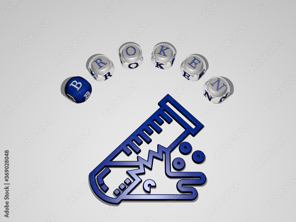 Poster 3d illustration of broken graphics and text around the icon made by metallic dice letters for the re