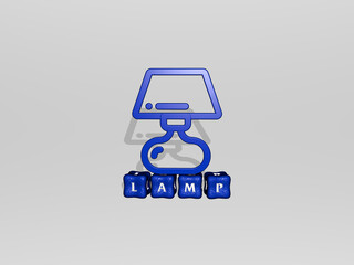 3D graphical image of lamp vertically along with text built by metallic cubic letters from the top perspective, excellent for the concept presentation and slideshows. background and illustration