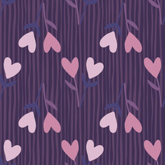 Simple floral seamless pattern navy light pink and lilac flowers with hearts. Purple background with strips.