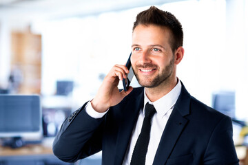 Portrait shot of businessman wearing suit and making a business call while standing in the office.