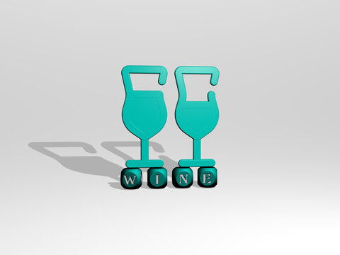3D illustration of WINE graphics and text made by metallic dice letters for the related meanings of the concept and presentations. background and alcohol