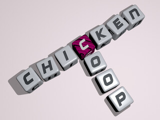 chicken coop combined by dice letters and color crossing for the related meanings of the concept. background and food