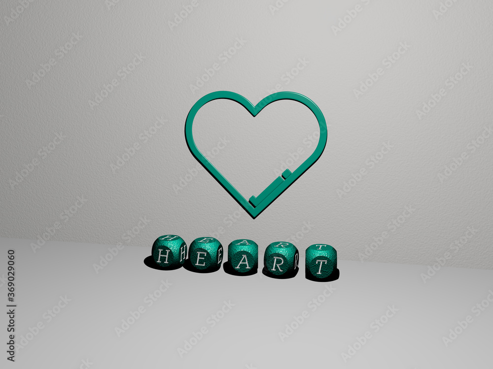 Poster 3d graphical image of heart vertically along with text built by metallic cubic letters from the top 