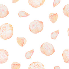 Watercolor pattern of roses and petals on a white background.  The texture for the fabric.