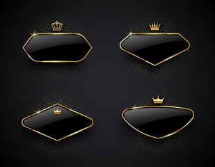 Luxury black glass labels with golden crown and frame on a black background. Premium design. Luxury template design. Vector illustration.