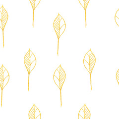 Pattern with Golden twigs, leaves on a white background. Print for printing. Texture for clothing.