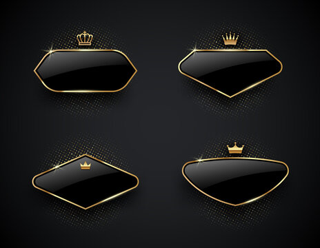 Luxury black glass labels with golden crown and frame on a black background. Premium design. Luxury template design. Vector illustration.