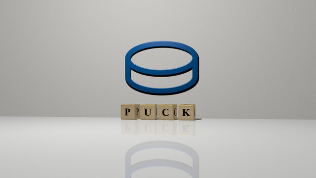 3D illustration of puck graphics and text made by metallic dice letters for the related meanings of the concept and presentations. hockey and sport