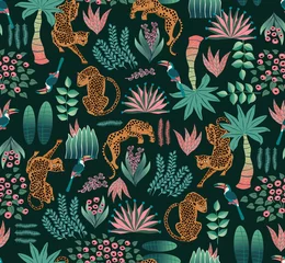 Keuken foto achterwand Afrikaanse dieren Vectorillustratie van naadloze exotische jungle patroon. Ontwerp voor spandoek, poster, kaart, uitnodigingsstof en plakboek