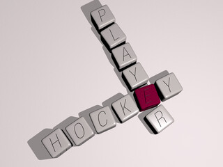 crosswords of HOCKEY PLAYER arranged by cubic letters on a mirror floor, concept meaning and presentation. illustration and ice