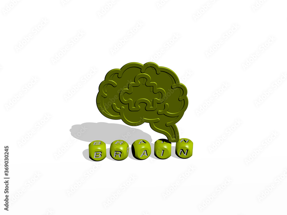 Poster 3d representation of brain with icon on the wall and text arranged by metallic cubic letters on a mi