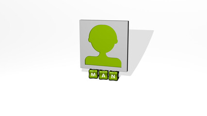 3D illustration of man graphics and text made by metallic dice letters for the related meanings of the concept and presentations