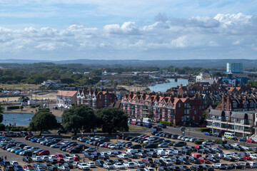 Aerial view of Littlehampton in West Sussex from the seafront looking towards the the River Arun.