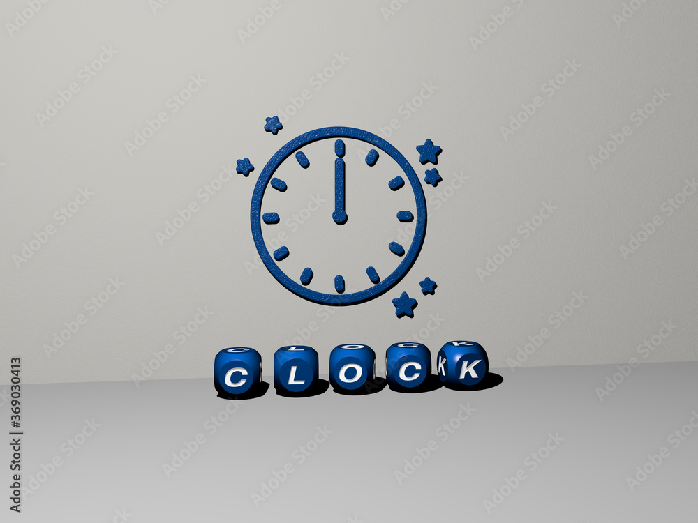 Poster 3d representation of clock with icon on the wall and text arranged by metallic cubic letters on a mi